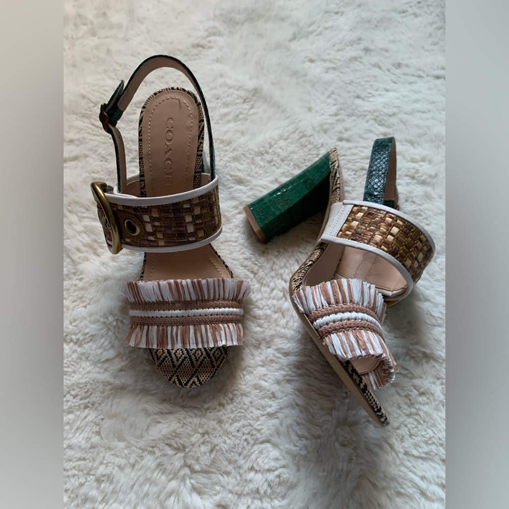 Coach Snakeskin and raffia heeled sandals. Never worn. Size 8.